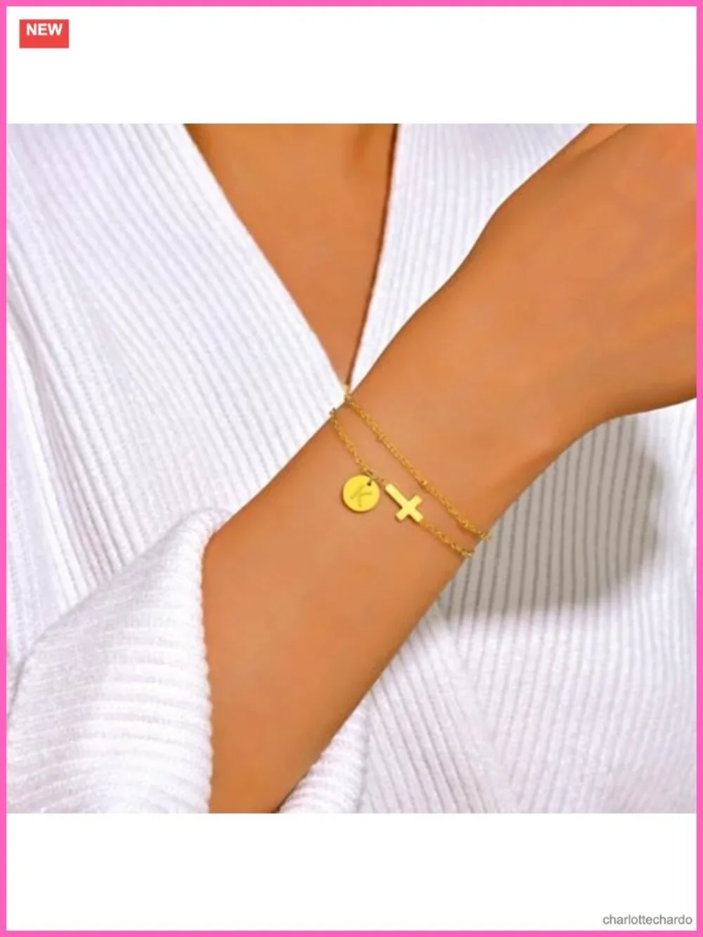 18K Gold Plated Cross Initial Bracelet Dainty Disc Charm Christian Gift